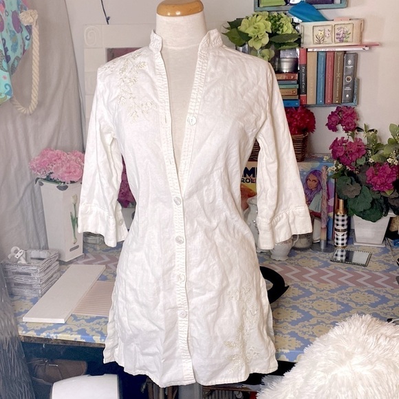 🌷 Basic One🌷 White Linen Tunic Blouse Sequin Embroidered Decoration - Picture 2 of 8